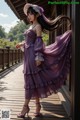 A woman in a purple dress and hat standing on a wooden bridge.